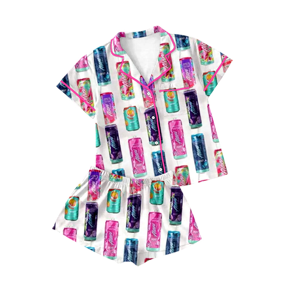 (Custom Design Preorder MOQ 5) Drinks Print Shorts Girls Summer Pajamas Clothes Set