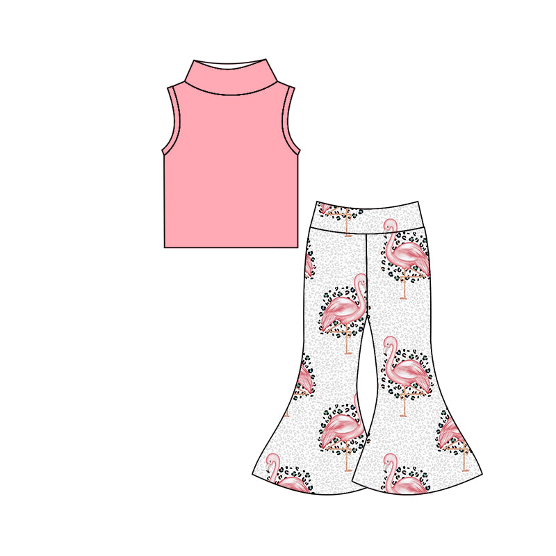 (Custom Design Preorder MOQ 5) Flamingo Print Bell Pants Girls Clothes Set