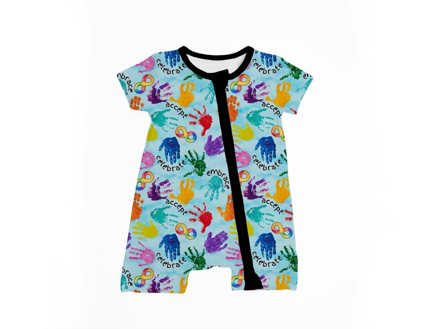 (Custom Design Preorder MOQ 5) Colorful Autism Embrace Print Baby Summer Sleeper Zipper Romper