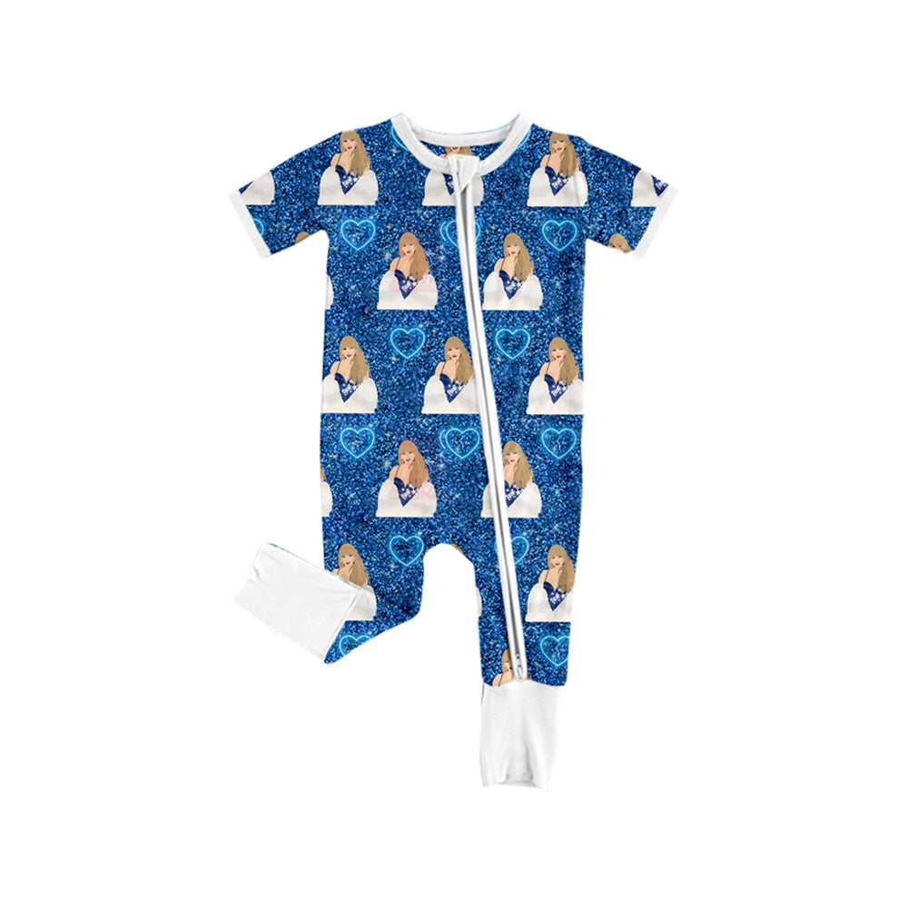 12.10(Custom Design Preorder MOQ 5) Singer Swiftie Heart Blue Print Baby Girls Sleeper Zipper Romper