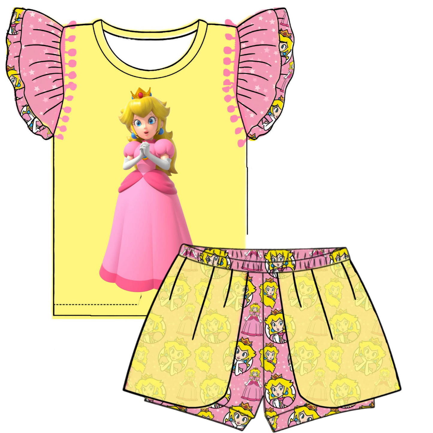 (Custom Design Preorder MOQ 5) Cartoon Princess Print Girls Summer Clothes Set