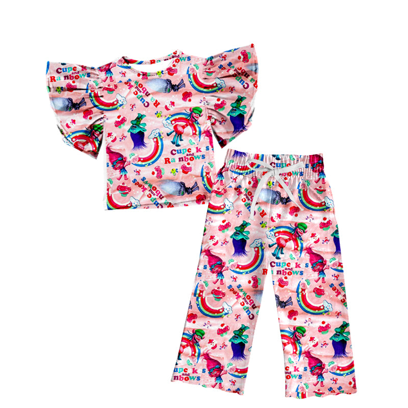 (Custom Design Preorder MOQ 5) Cartoon Hair Monster Rainbow Print Girls Clothes Set