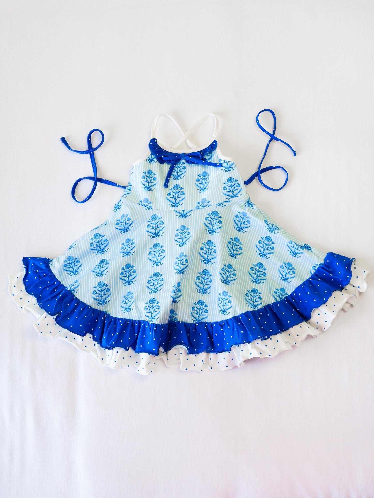 (Custom Design Preorder MOQ 5) Blue Flowers Stripes Print Girls Summer Knee Length Dress