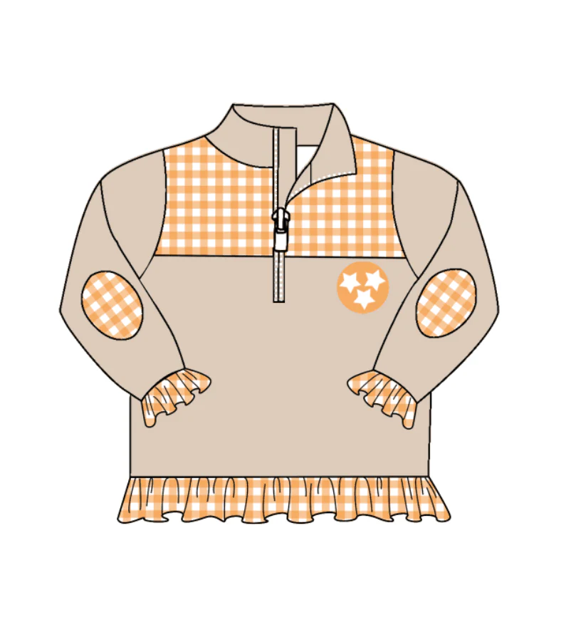 (Custom Design Preorder MOQ 5) Orange Plaid Print Khaki Color Girls Fall Zipper Pullover Top