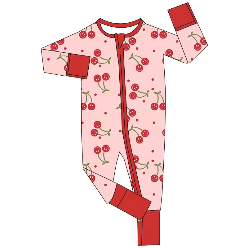 (Custom Design Preorder MOQ 5) Cherry Print Baby Girls Fall Zipper Sleeper Romper