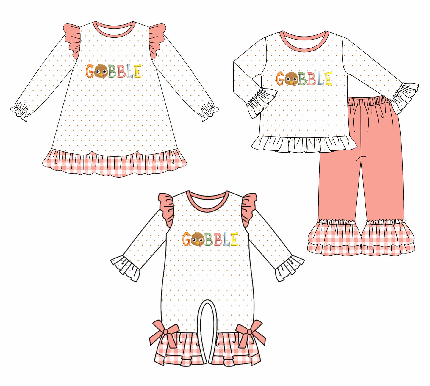 7.10(Custom Design Preorder MOQ 5 Each Design) GOBBLE Turkey Print Girls Thanksgiving Matching Clothes Sisters Wear