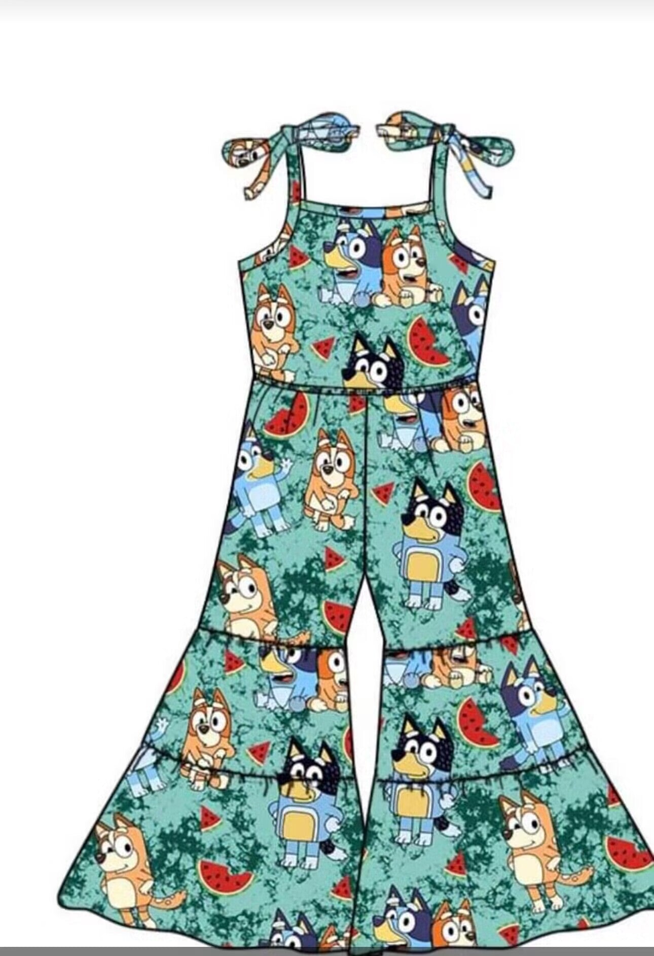 (Custom Design Preorder MOQ 5) Watermelon Cartoon Dog Print Girls Summer Strap Jumpsuits