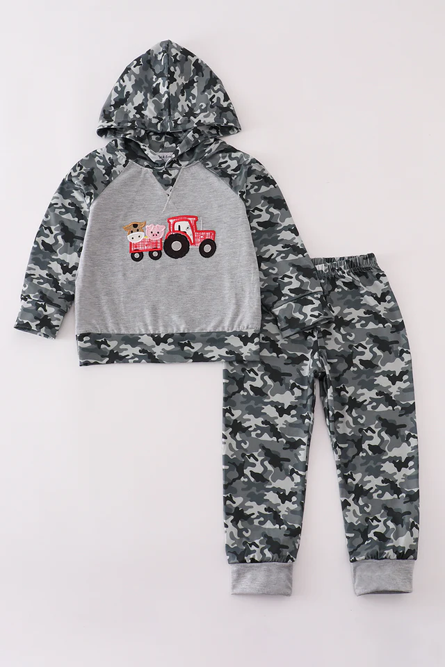 (Custom Design Preorder MOQ 5) Tractors Animals Hoodie Top Camo Pants Boys Fall Clothes Set