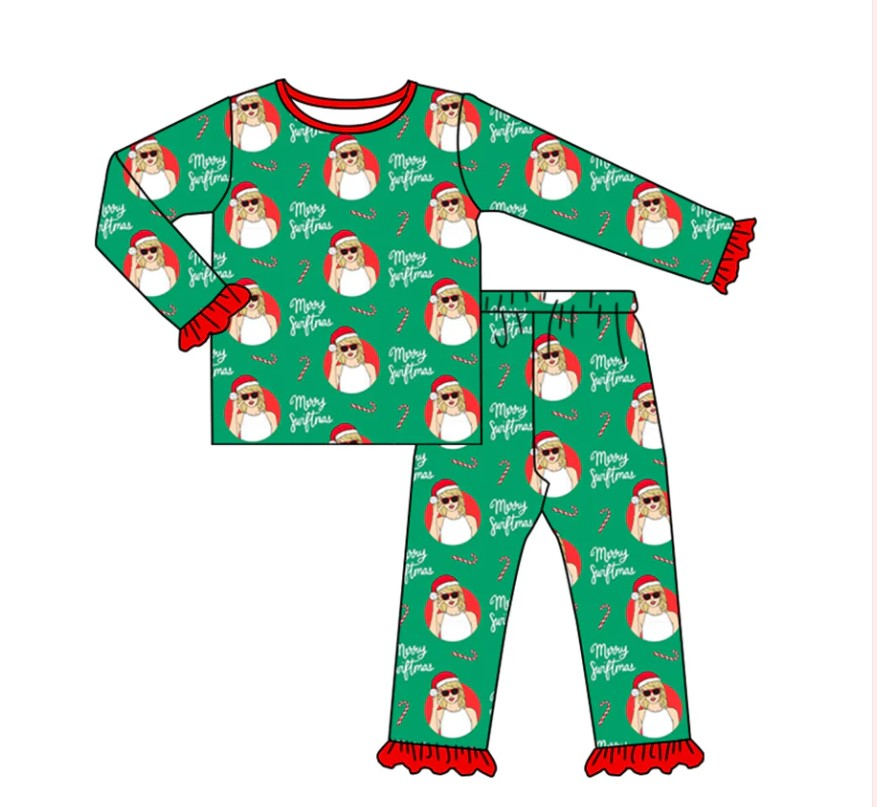 (Custom Design Preorder MOQ 5) Singer Swiftie Candy Cane Print Girls Christmas Pajamas Clothes Set