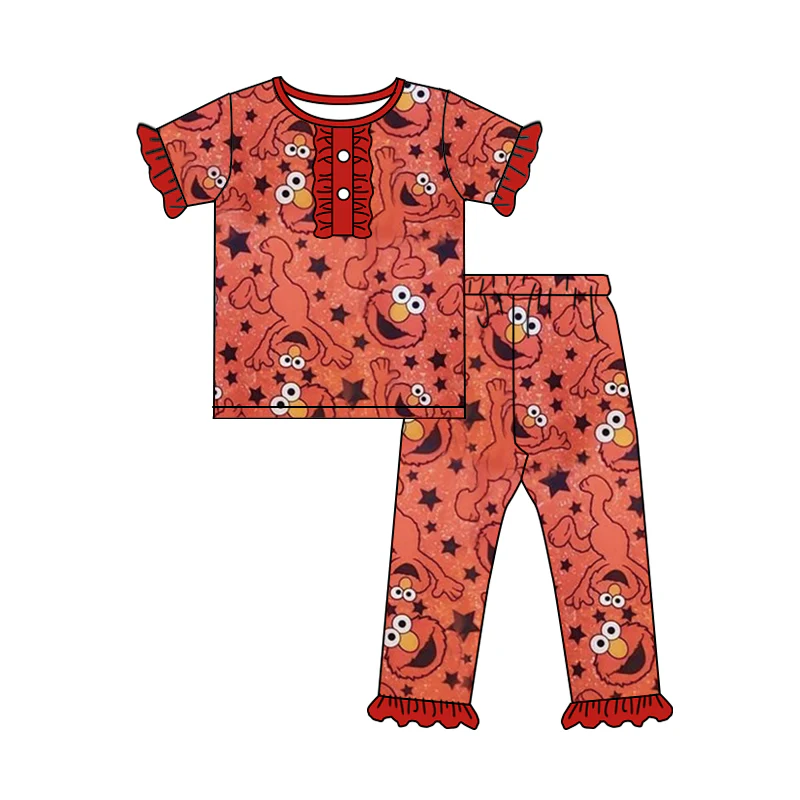 (Custom Design Preorder MOQ 5) Cartoon Teacher Street Red Print Girls Pajamas Clothes Set
