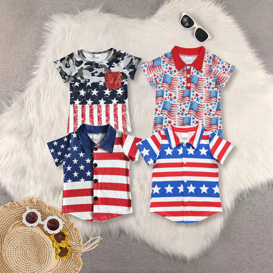 4 Colors Stars Red Stripes Boys 4th of July Buttons Tee Shirts Top Brothers Wear