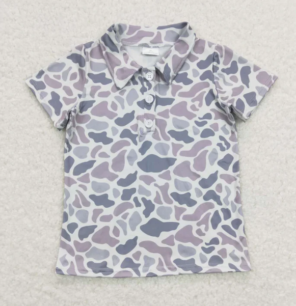 (Custom Design Preorder MOQ 3) Grey Camo Print Adult Polo Tee Shirts Top