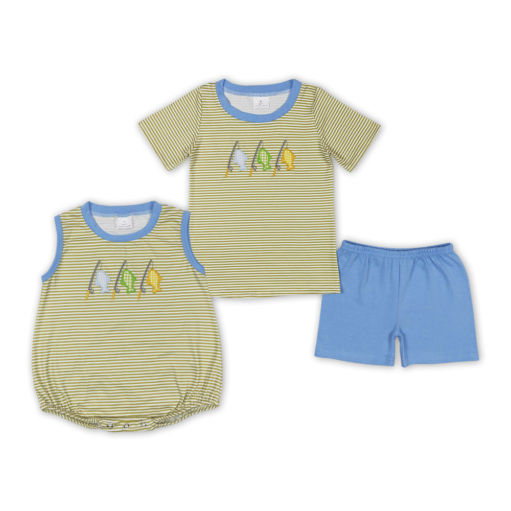 Fishing Embroidery Stripes Print Brothers Summer Matching Clothes