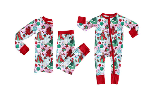 8.1 (Custom Design Preorder MOQ 5 Each Design) Cartoon Princess Holly Print Girls Christmas Pajamas Matching Clothes Sisters Wear