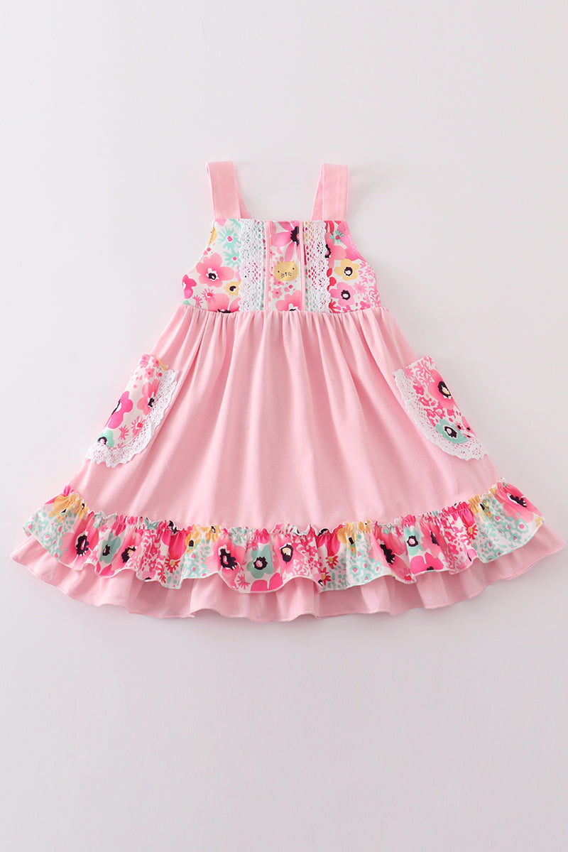 (Custom Design Preorder MOQ 5) Flowers Pink Print Girls Summer Knee Length Dress