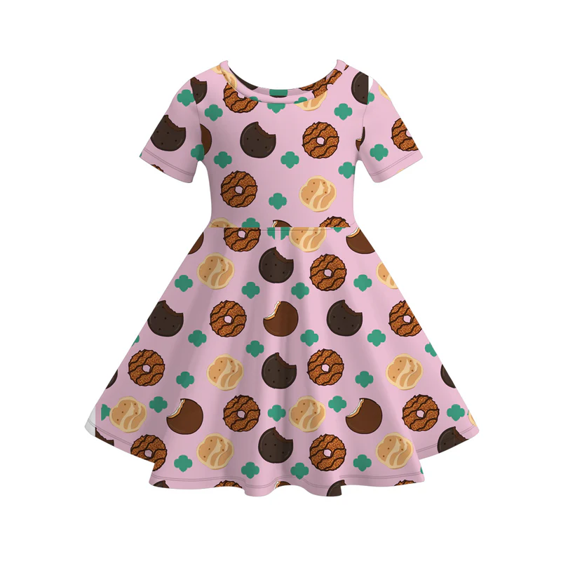 (Custom Design Preorder MOQ 5) Cookies Pink Print Girls Knee Length Summer Dress