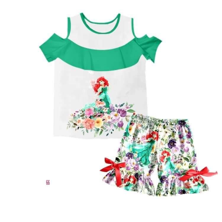 (Custom Design Preorder MOQ 5 ) Cartoon Princess Flowers Girls Summer Clothes Set