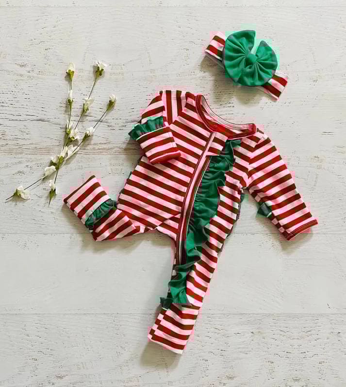 (Custom Design Preorder MOQ 5) Red Stripes Print Green Ruffle Baby Girls Christmas Sleeper Zipper Romper