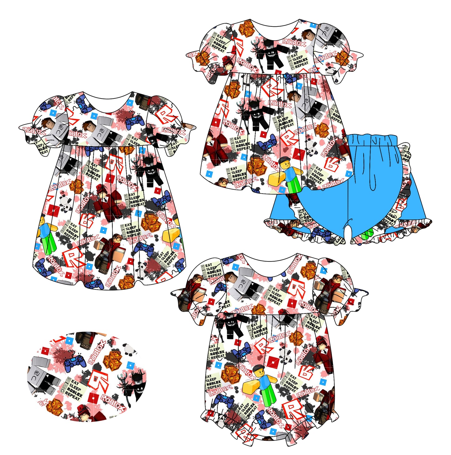 2.19(Custom Design Preorder MOQ 5 Each Design) Cartoon Games Roblo* Blue Print Girls Summer Matching Clothes Sisters Wear