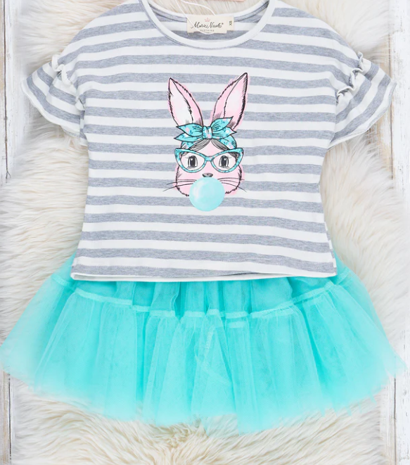 (Custom Design Preorder MOQ 5) Bunny Stripes Top Tulle Skirts Girls Easter Clothes Set
