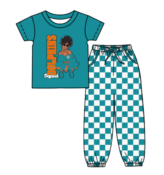 (Custom Design Preorder MOQ 5) Team's Dolphins Top Plaid Joggers Kids Clothes Set