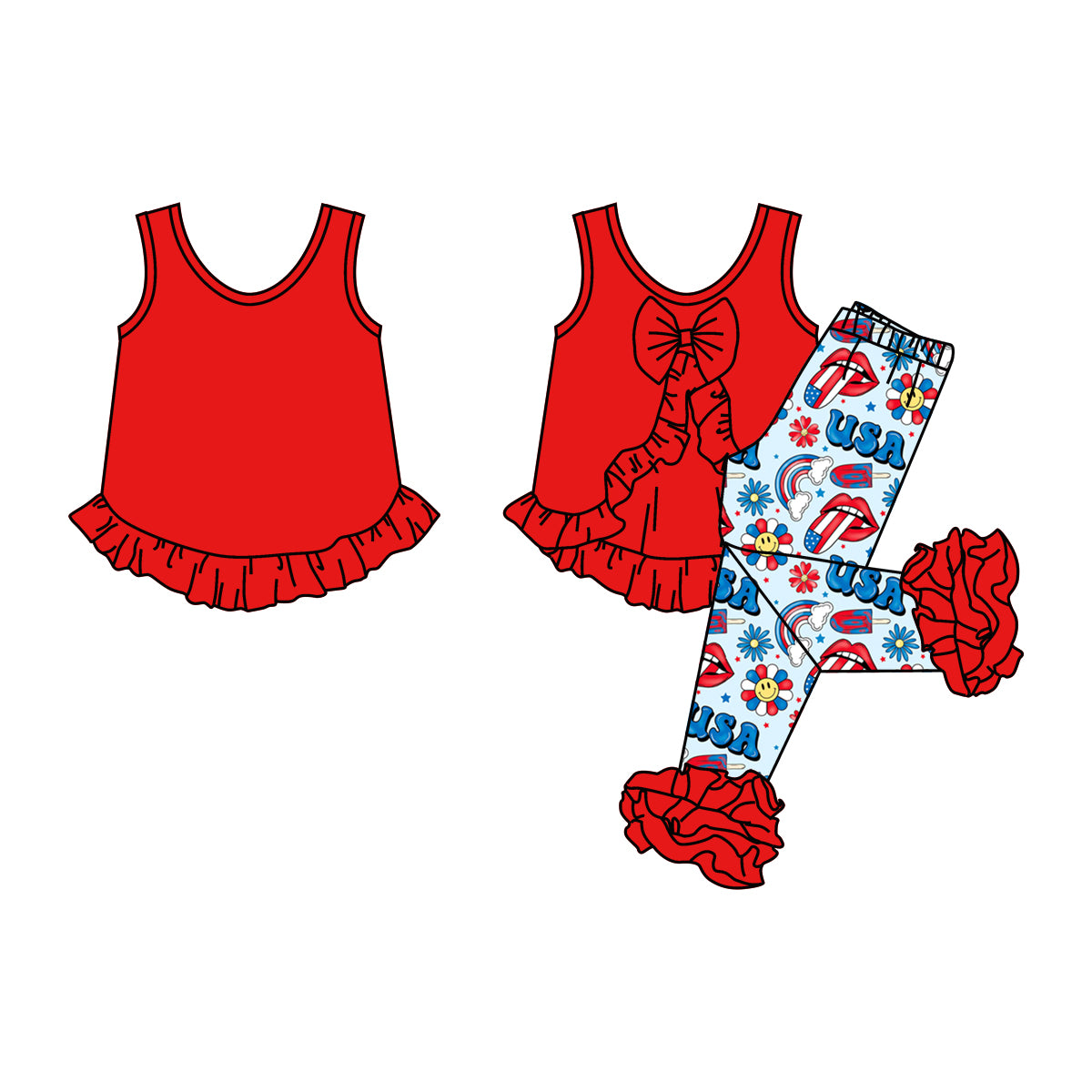 (Custom Design Preorder MOQ 5) Red Backless Bow Top USA Rainbow Flowers Pants Girls 4th of July Clothes Set