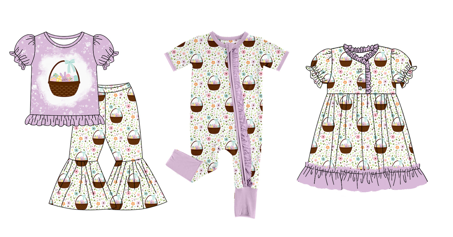 12.11(Custom Design Preorder MOQ 5 Each Design) Bunny Eggs Flowers Print Girls Easter Matching Clothes Sisters Wear