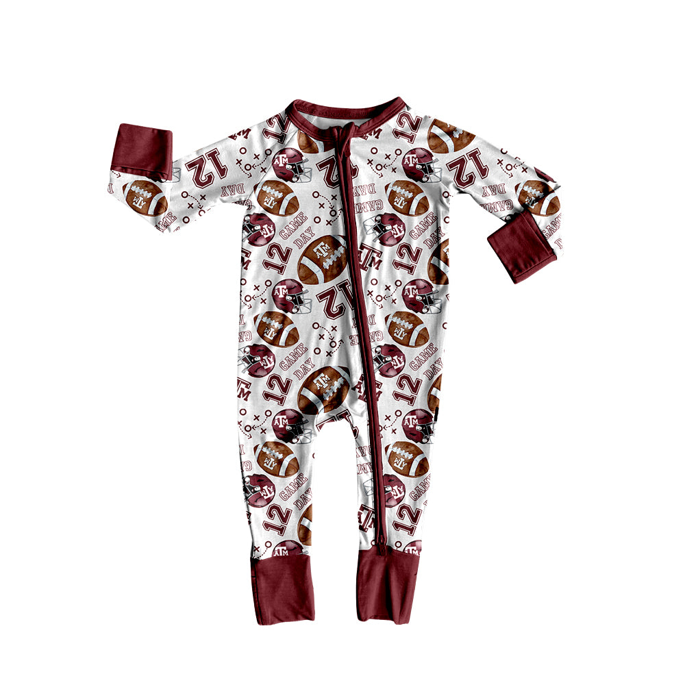 (Custom Design Preorder MOQ 5) Team's Texas A&M Game Day Football Print Baby Fall Sleeper Zipper Romper