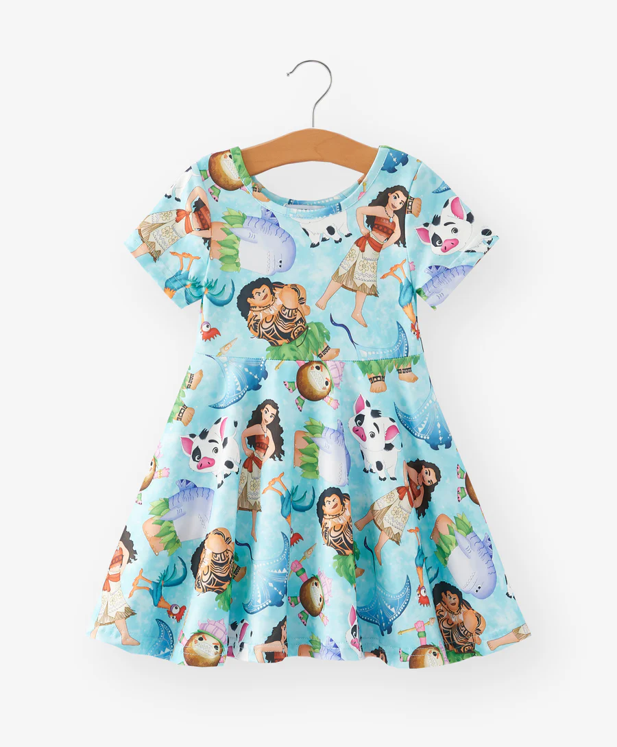 (Custom Design Preorder MOQ 5) Cartoon Princess Pig Print Girls Summer Knee Length Dress