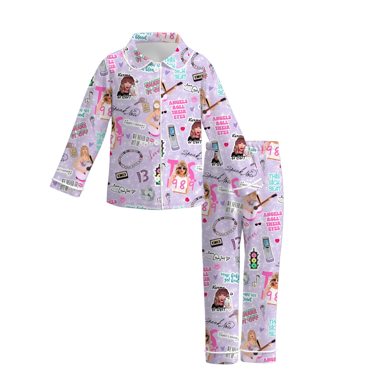 (Custom Design Preorder MOQ 5) Singer Swiftie Purple Print Girls Fall Buttons Pajamas Clothes Set