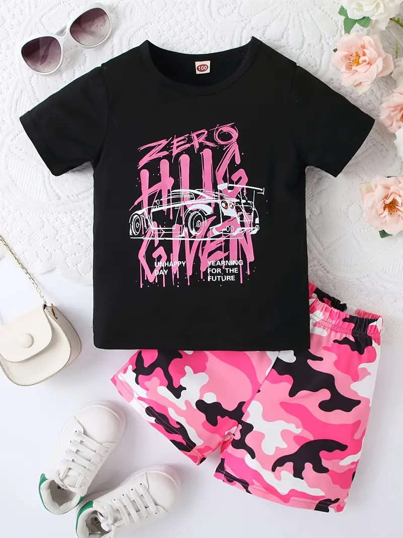 (Custom Design Preorder MOQ 5) ZERO Top Pink Camo Shorts Girls Summer Clothes Set