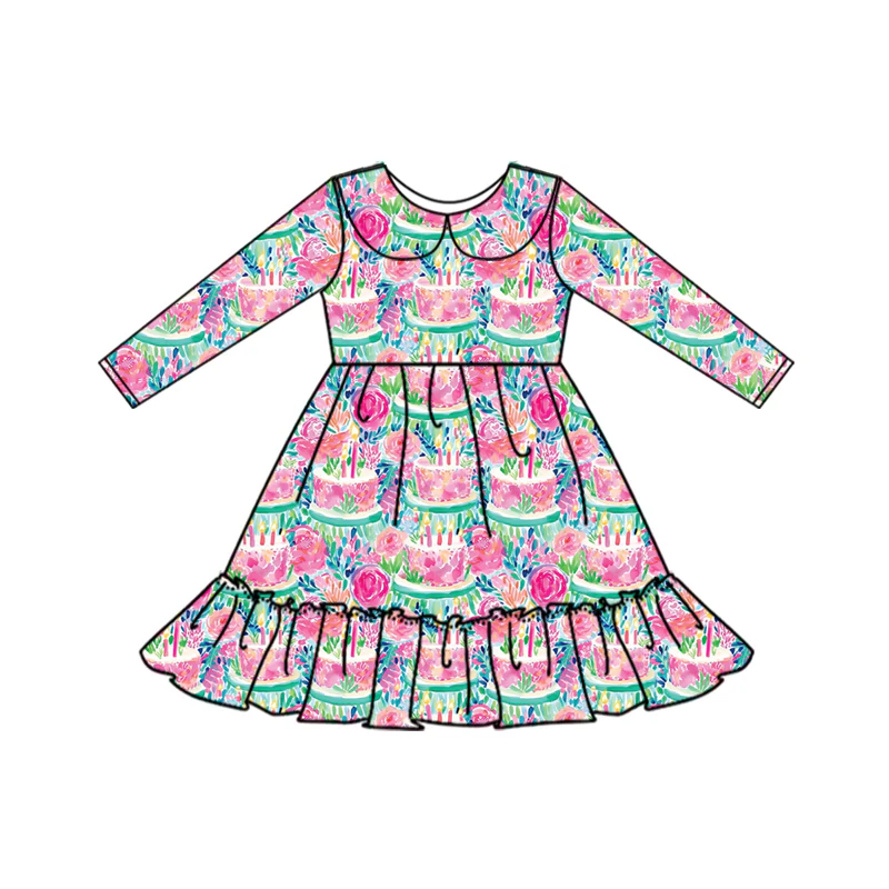 (Custom Design Preorder MOQ 5) Flowers Cake Print Girls Happy Birthday Knee Length Dress
