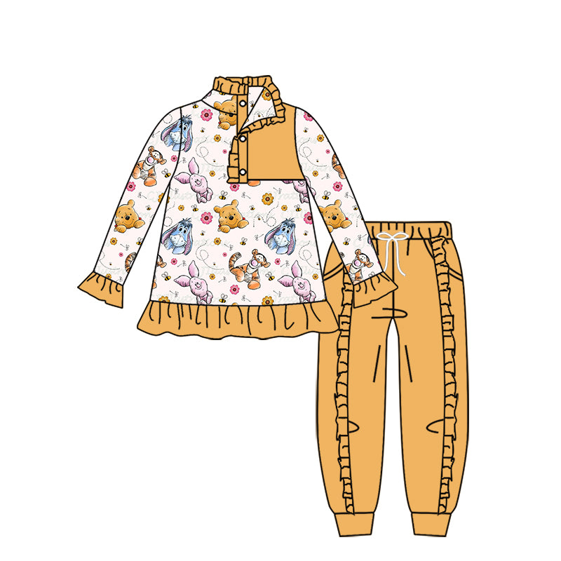 11.18(Custom Design Preorder MOQ 5) Cartoon Animals Po* Pullover Top Yellow Pants Girls Fall Clothes Set