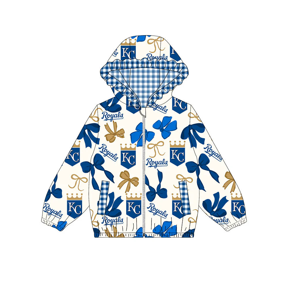 (Custom Design Preorder MOQ 5) Team's Royals Bows Print Pockets Girls Long Sleeve Zipper Jackets Top