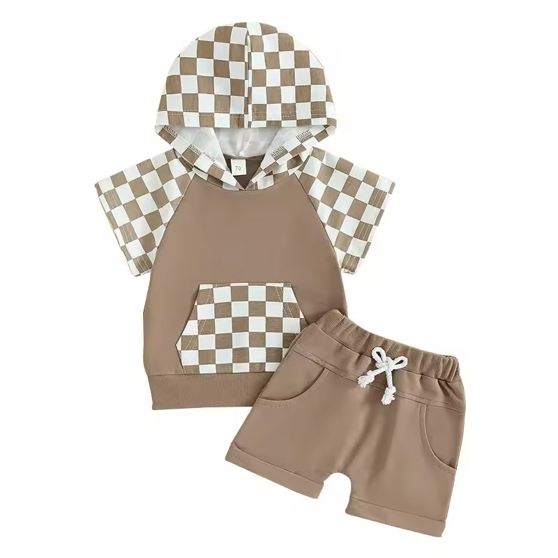 (Custom Design Preorder MOQ 5) Plaid Hoodie Top Dark Khaki Shorts Kids Summer Clothes Set