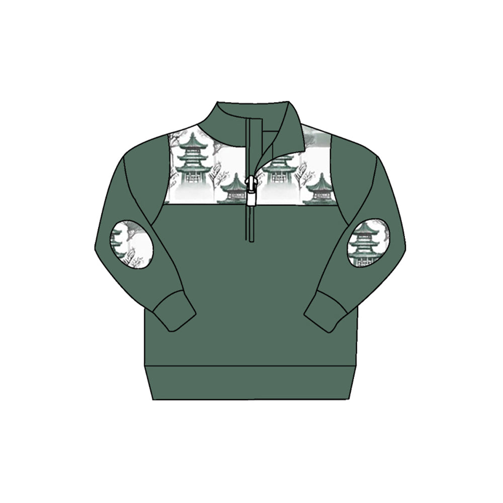 (Custom Design Preorder MOQ 5) Chinese Pavilions Print Boys Long Sleeve Pullover Zipper Tops