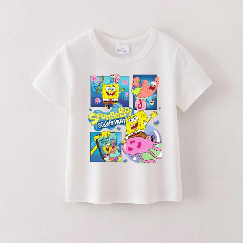 (Custom Design Preorder MOQ 5) Cartoon Sponge Print Kids Summer Tee Shirts Top