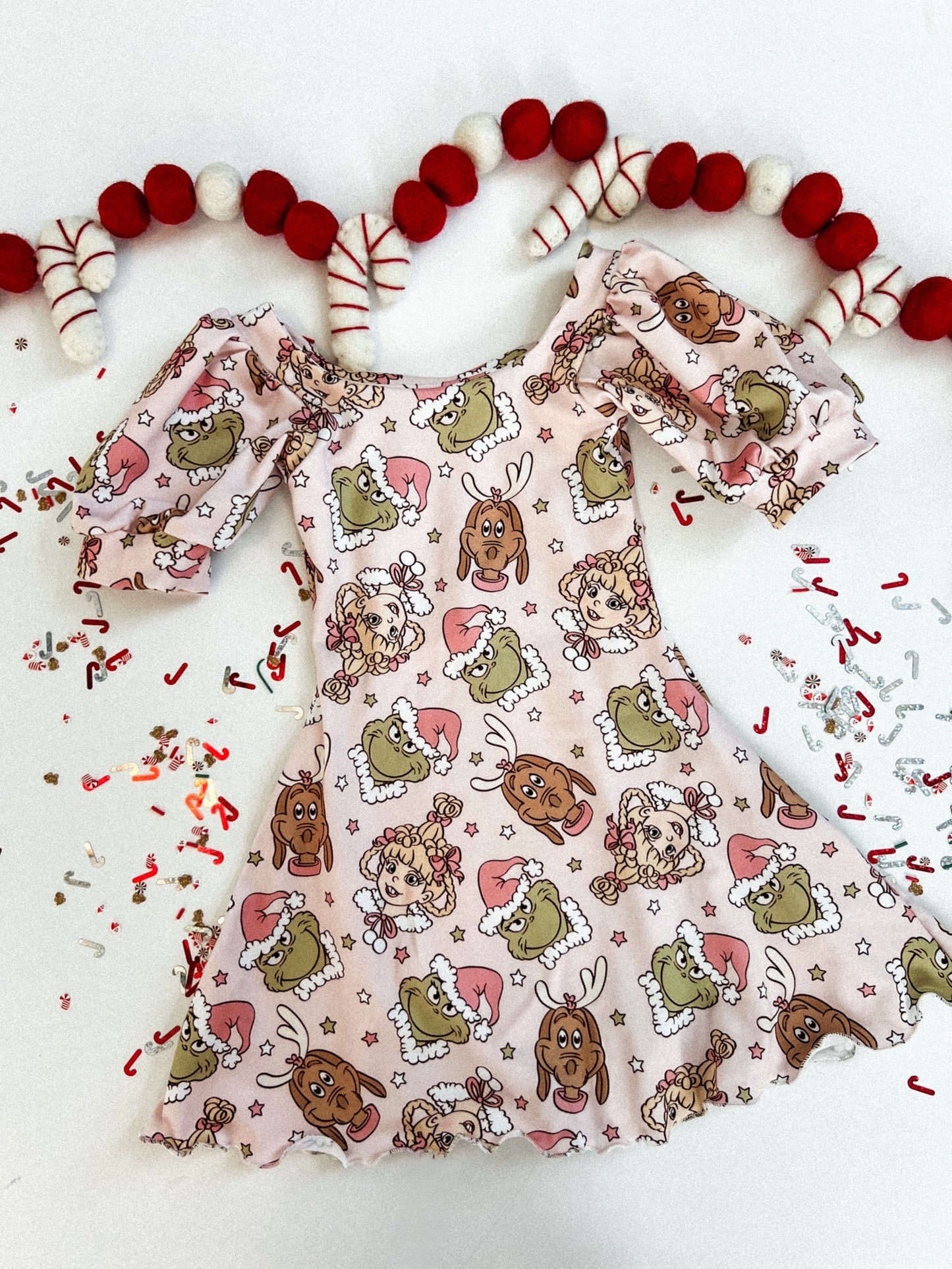 (Custom Design Preorder MOQ 5) Green Frog Print Girls Christmas Knee Length Dress