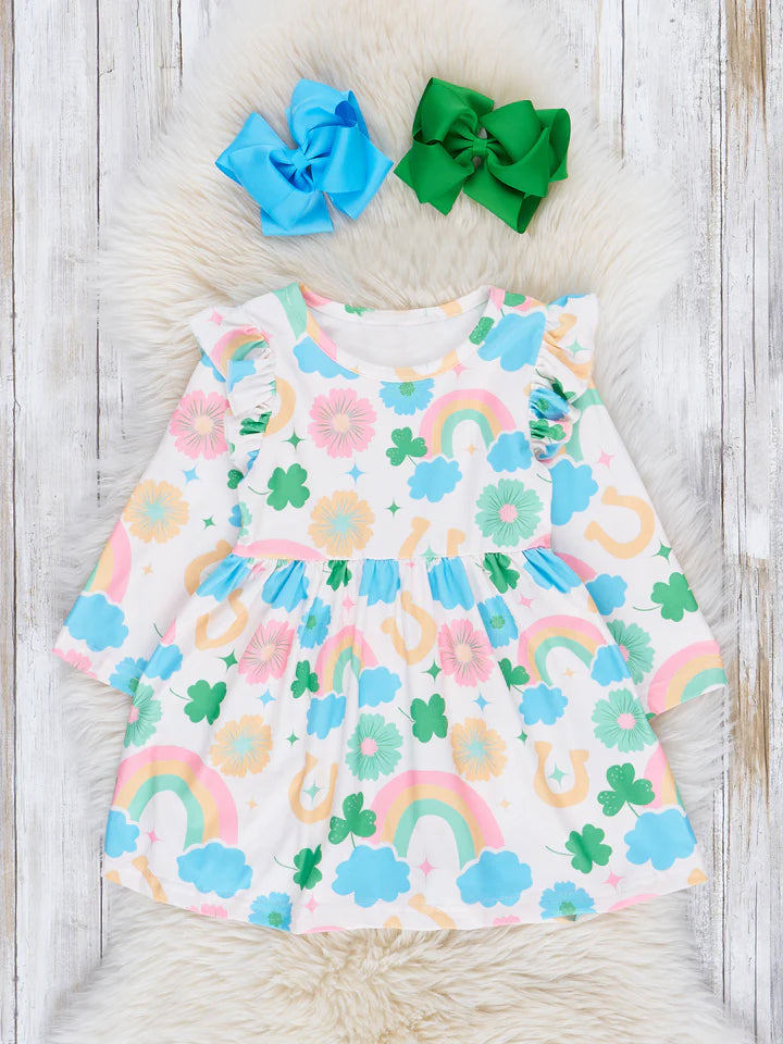 (Custom Design Preorder MOQ 5) Flowers Quatrefoil Rainbow Print Girls St. Patrick's Knee Length Dress