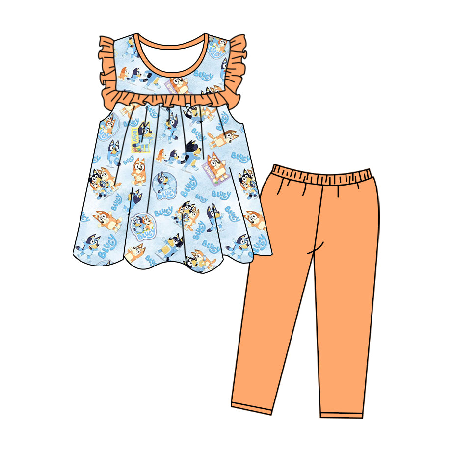 (Custom Design Preorder MOQ 5) Cartoon Dog Tunic Top Orange Pants Girls Clothes Set