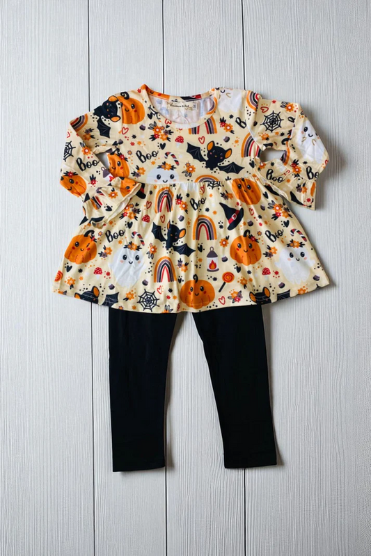 (Custom Design Preorder MOQ 5) Pumpkin Spooky Boo Tunic Top Black Pants Girls Halloween Clothes Set