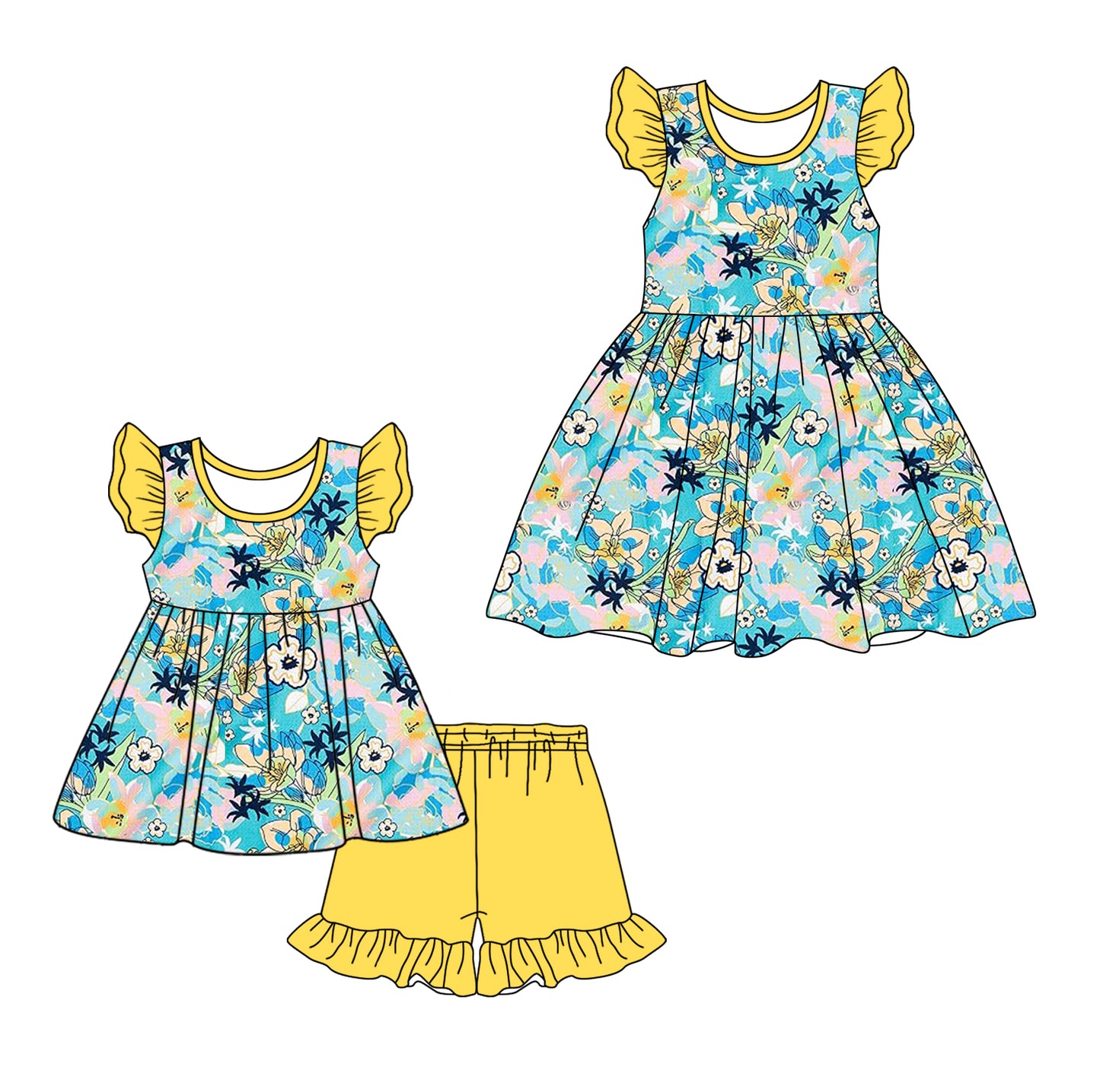 12.11(Custom Design Preorder MOQ 5 Each Design) Blue Flowers Print Girls Summer Matching Clothes Sisters Wear