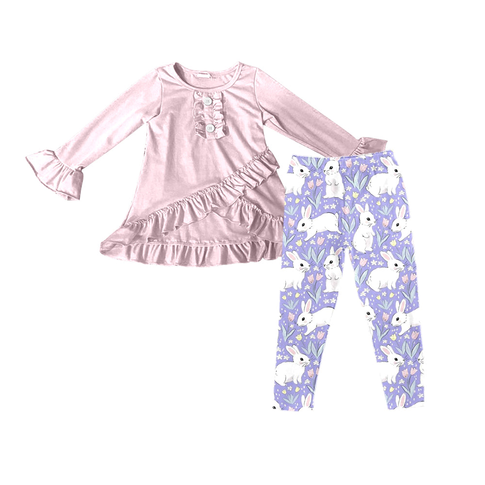 (Custom Design Preorder MOQ 5) Pink Top Purple Flowers Bunny Print Legging Pants Girls Easter Clothes Set
