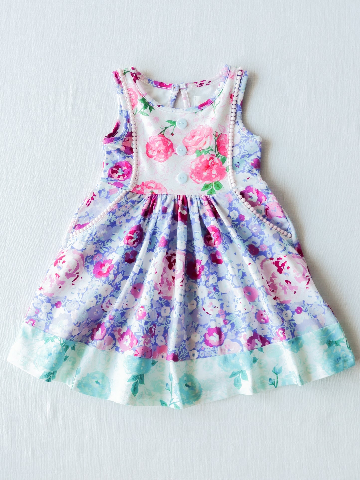 (Custom Design Preorder MOQ 5) NO.6 Purple Flowers Print Girls Knee Length Summer Dress