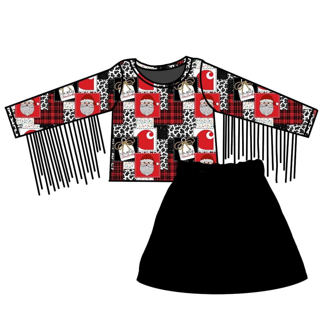 (Custom Design Preorder MOQ 5) Santa Tassels Top Black Skirts Girls Christmas Western Clothes Set