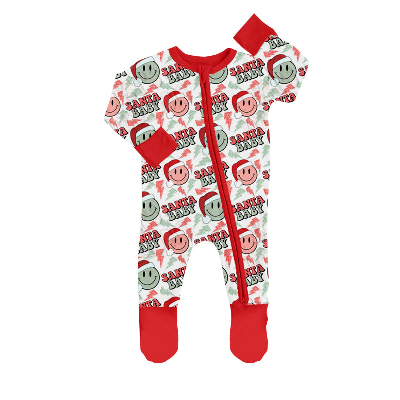 (Custom Design Preorder MOQ 5) Santa Baby Smiling Print Baby Boys Christmas Sleeper Zipper Romper
