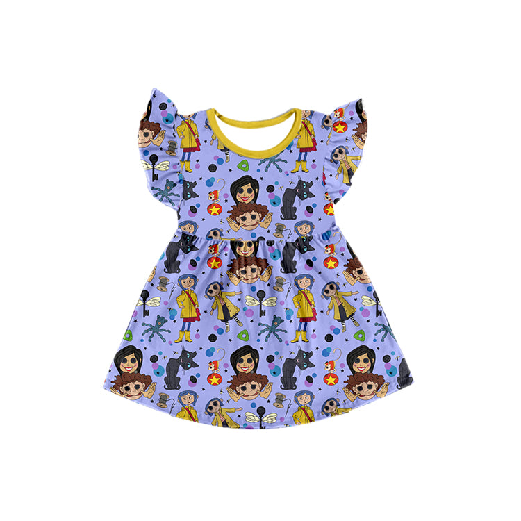 (Custom Design Preorder MOQ 5) Cartoon Coraline Print Girls Knee Length Dress