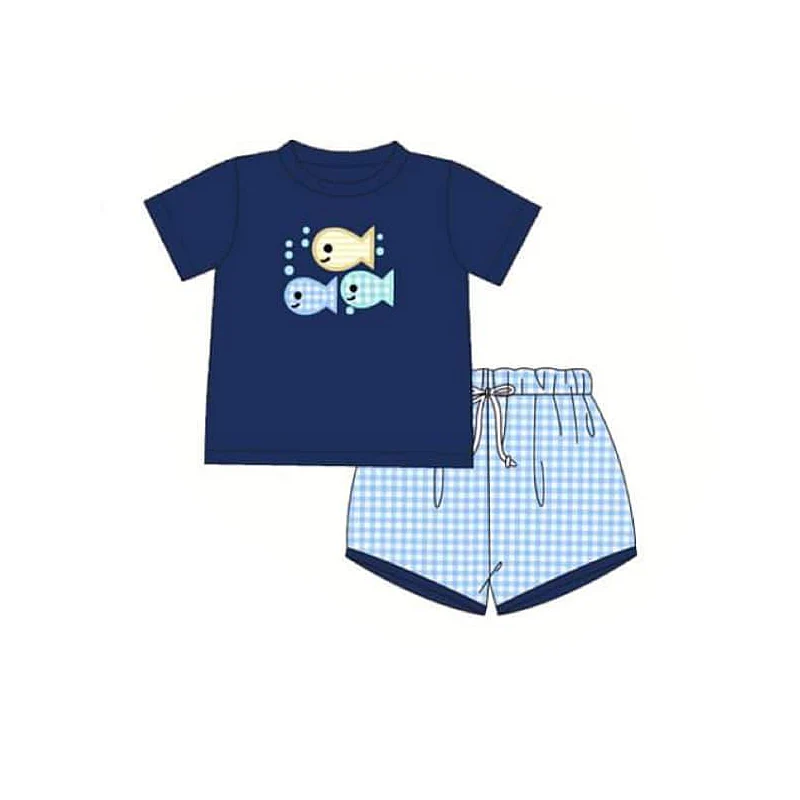 (Custom Design Preorder MOQ 5) Fish Navy Top Plaid Shorts Boys Summer Clothes Set