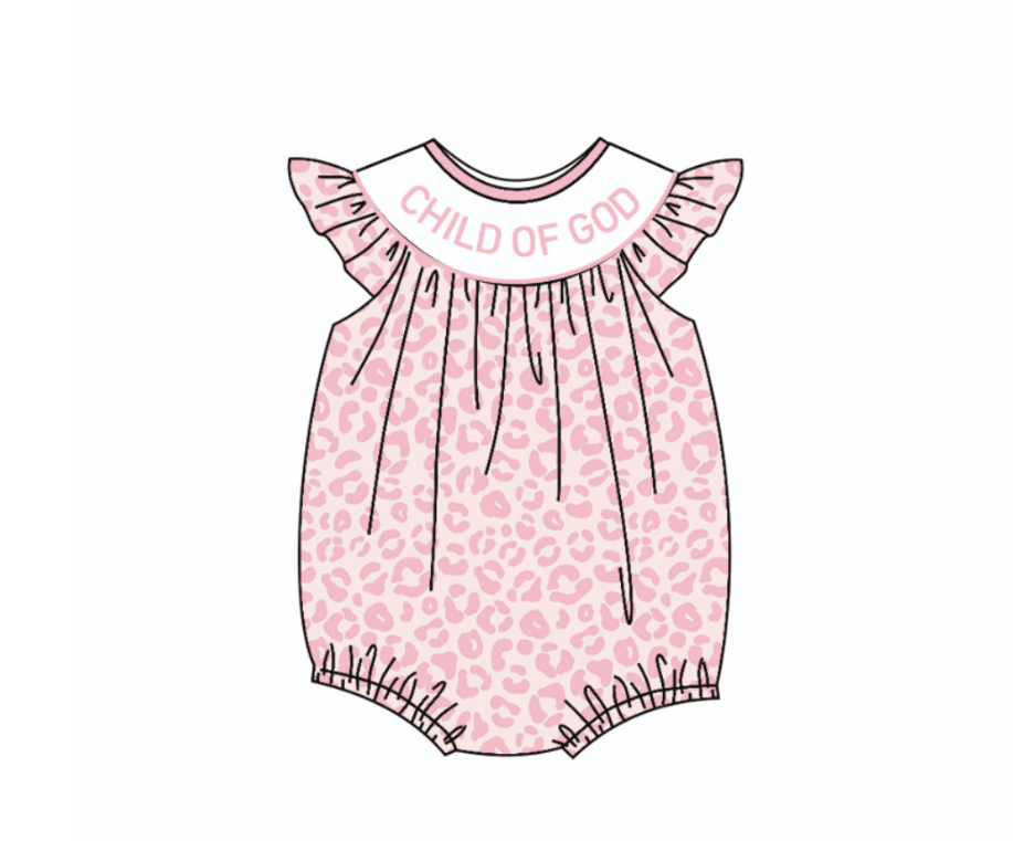(Custom Design Preorder MOQ 5) Pink Leopard Child of God Print Baby Girls Summer Romper