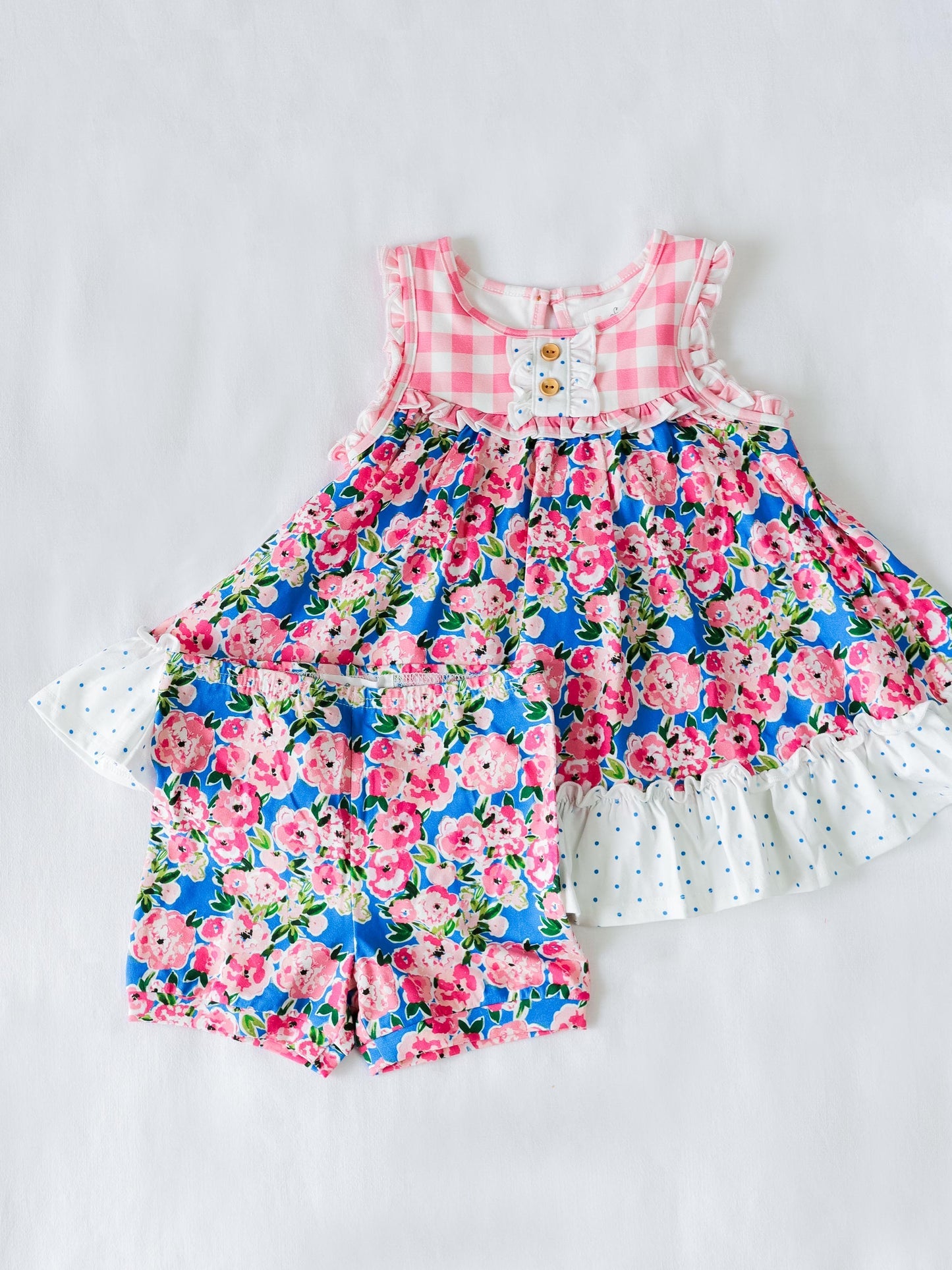 (Custom Design Preorder MOQ 5) Pink Blue Flowers Tunic Top Shorts Girls Summer Clothes Set